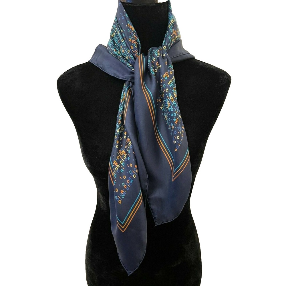 Vintage Christian Dior Womens Square Scarf Navy Blue Retro Monogram Print Silk - Picture 3 of 12